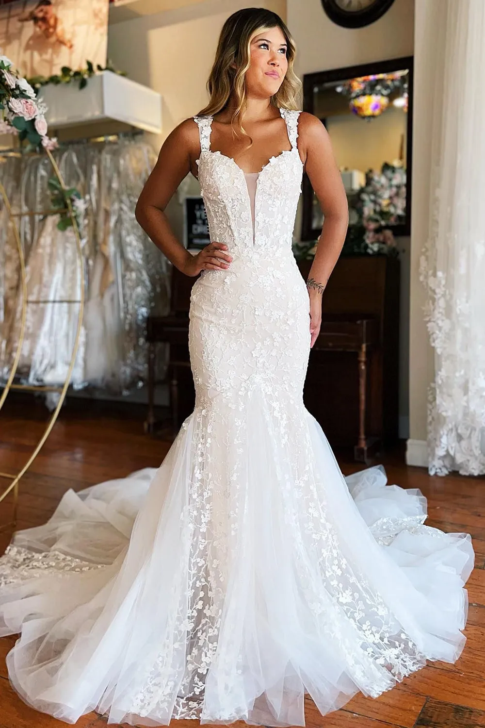Amoura | Mermaid White Lace Sweep Train Long Wedding Dress with Appliques sold by KissProm