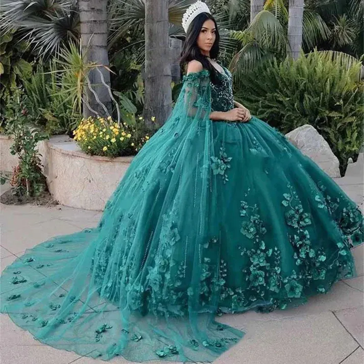 Alethea | Dark Green Organza Off-the-Shoulder Ball Gown Quinceanera Dress sold by KissProm product image thumbnail 2