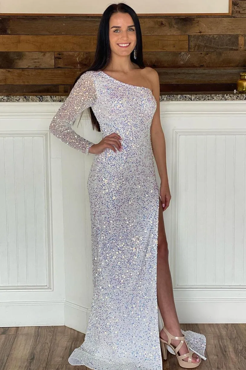 One Shoulder White Sequins Long Prom Dress with Slit sold by KissProm