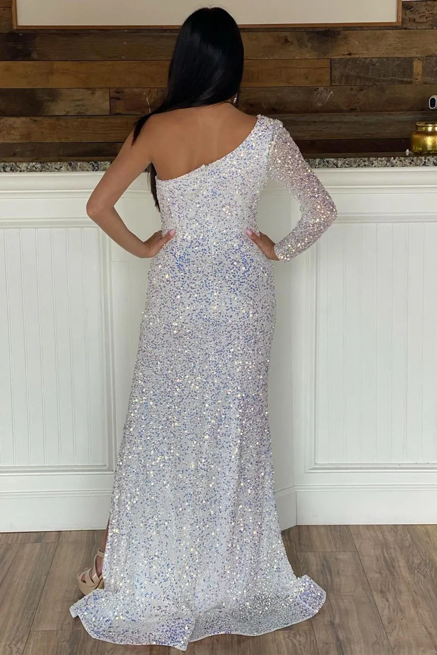 One Shoulder White Sequins Long Prom Dress with Slit sold by KissProm product image thumbnail 2