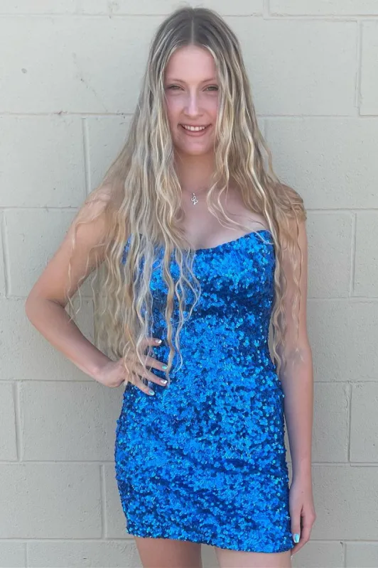 Strapless Blue Sequin Mini Homecoming Dress sold by KissProm