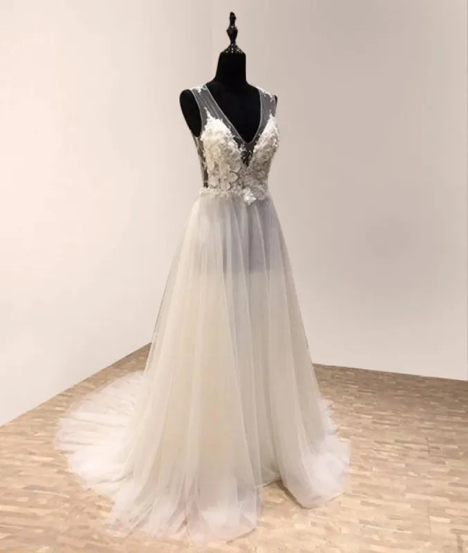 Impressive V-neck Sleeveless Sweep Train Tulle Wedding Dress with Appliques sold by KissProm