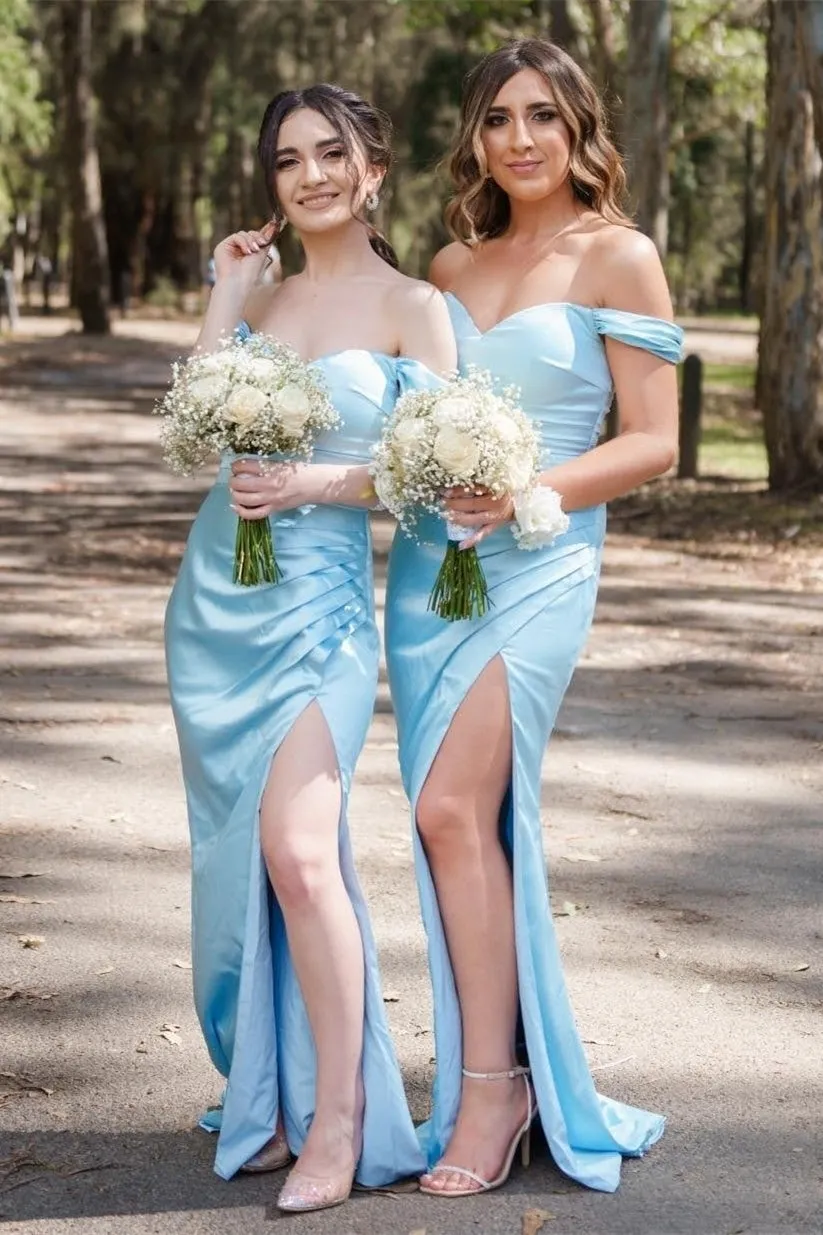 Blue Off-the-Shoulder Pleated Long Bridesmaid Dress with Slit sold by KissProm