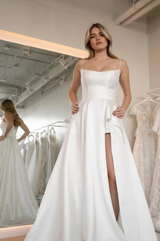 Lilliana | Simple A-Line Scoop Neck Satin Wedding Dresses with Slit sold by KissProm