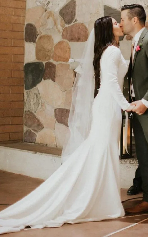 Kylie | Satin Chapel Train Mermaid Long Sleeve Wedding Dress sold by KissProm product image thumbnail 3