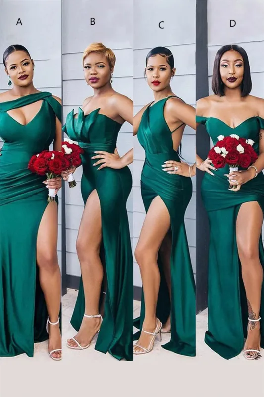 Emerald Green Satin One Shoulder Cutout Long Bridesmaid Dress with Side Slit sold by KissProm