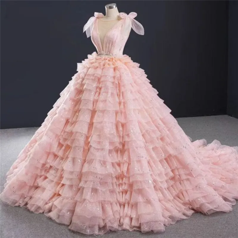 Pink Layered Ruffle Blush Pink Ball Gown Quinceanera Dress With Cascading Ruffles sold by KissProm