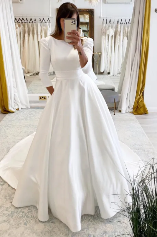 Lea | White Vintage A-Line Long Satin Bateau-Neck Wedding Dress sold by KissProm
