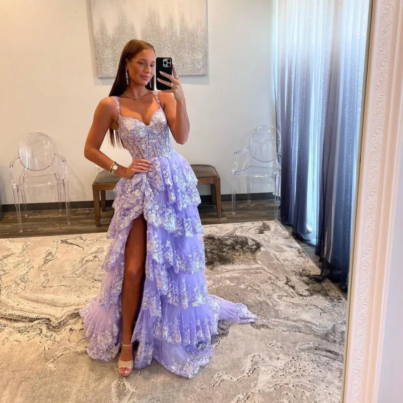 Lavender Princess A Line Off the Shoulder Corset Prom Dress with Lace Ruffles sold by KissProm