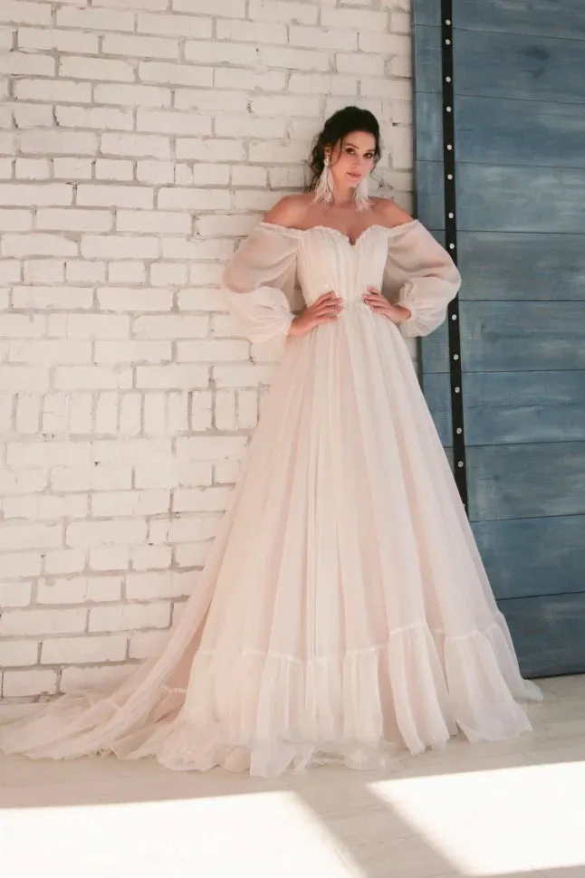 Off-shoulder Sleeves Sweetheart Elegant Chiffon Wedding Dress with Appliques sold by KissProm product image thumbnail 5