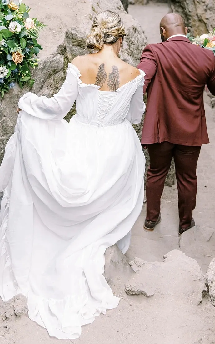 Off-shoulder Sleeves Sweetheart Elegant Chiffon Wedding Dress with Appliques sold by KissProm product image thumbnail 4