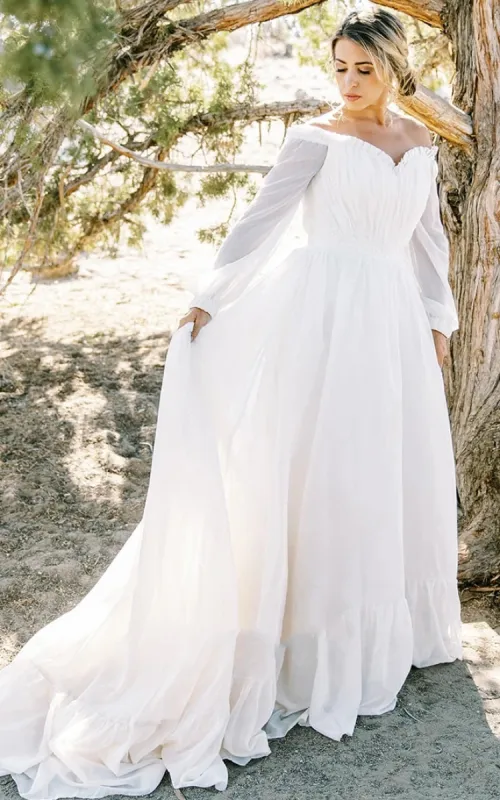 Off-shoulder Sleeves Sweetheart Elegant Chiffon Wedding Dress with Appliques sold by KissProm