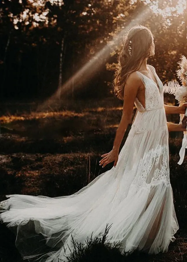 Bohemian Wedding Dresses V-Neck Backless Romantic Dreamy Bridal Gowns sold by KissProm product image thumbnail 4