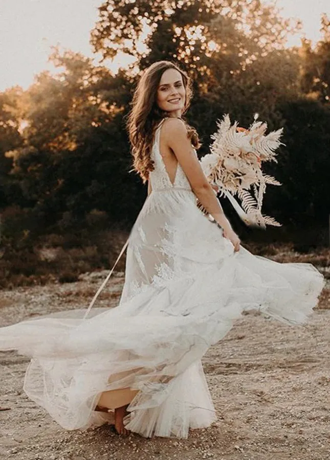 Bohemian Wedding Dresses V-Neck Backless Romantic Dreamy Bridal Gowns sold by KissProm