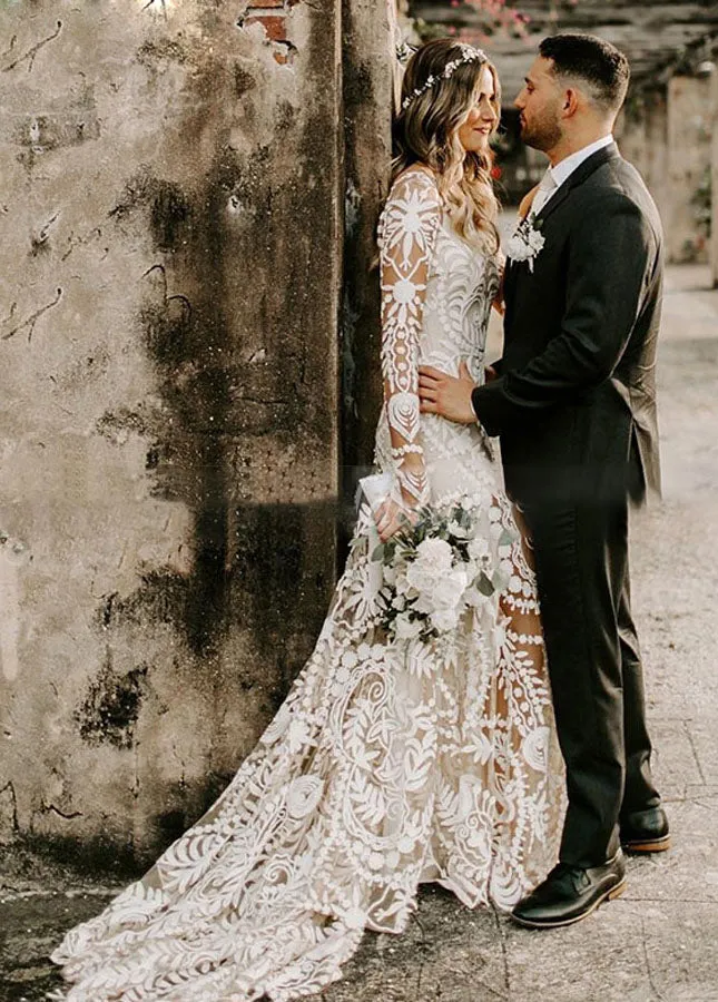 Lace Appliques Long Sleeves Mermaid Long Wedding Dresses sold by KissProm product image thumbnail 2