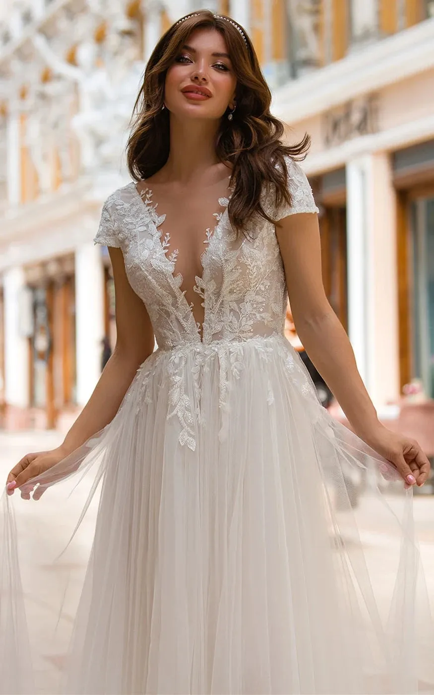 Sexy A Line Plunging Neckline Tulle Sweep Train Wedding Dress with Appliques sold by KissProm product image thumbnail 2