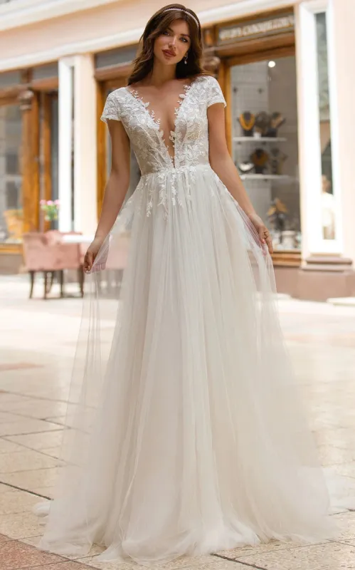 Sexy A Line Plunging Neckline Tulle Sweep Train Wedding Dress with Appliques sold by KissProm