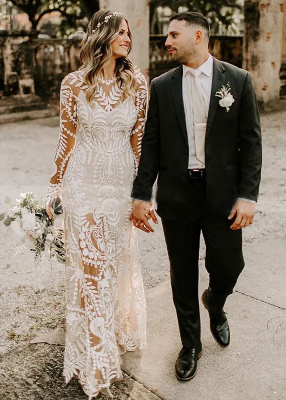 Lace Appliques Long Sleeves Mermaid Long Wedding Dresses sold by KissProm