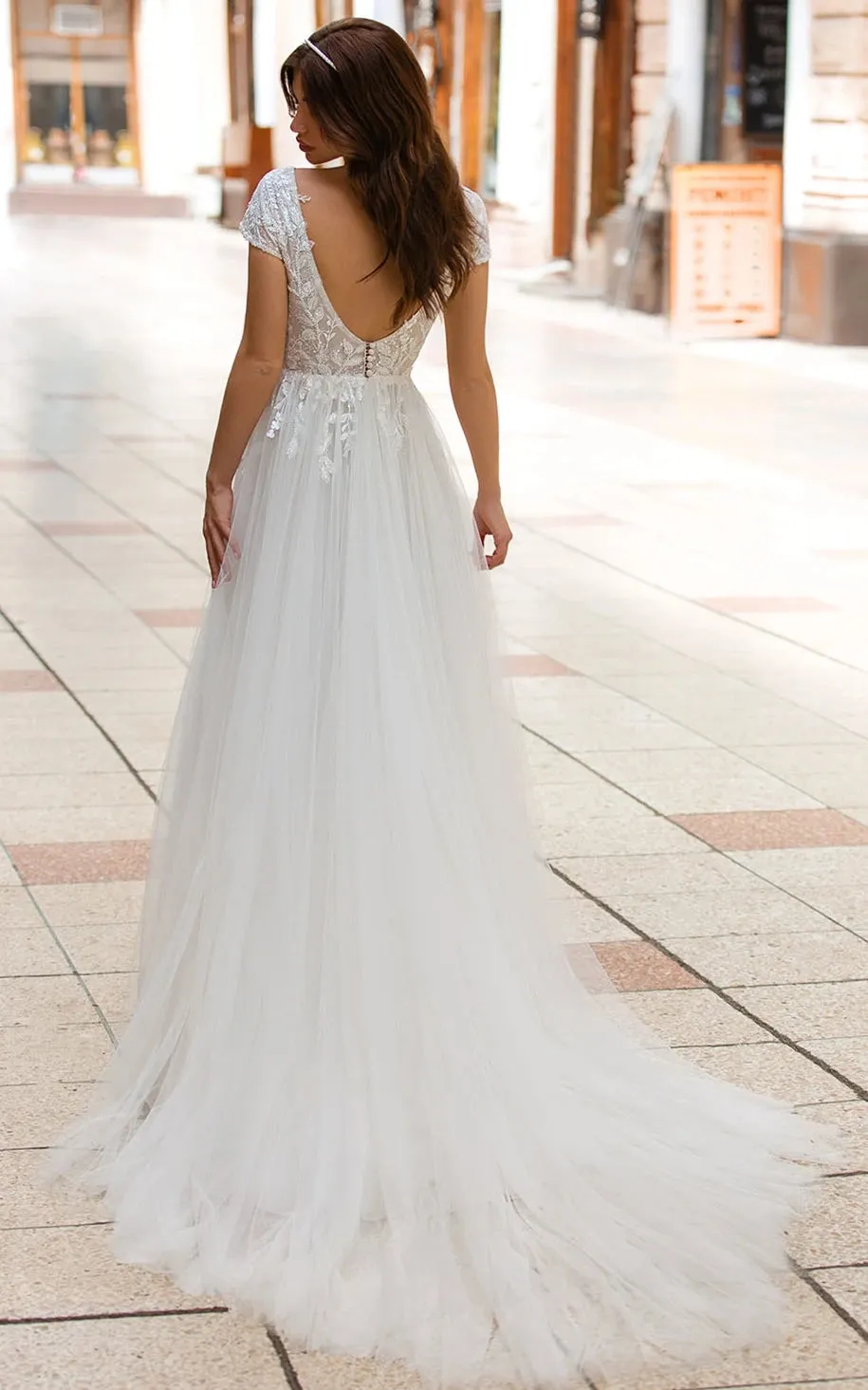 Sexy A Line Plunging Neckline Tulle Sweep Train Wedding Dress with Appliques sold by KissProm product image thumbnail 3