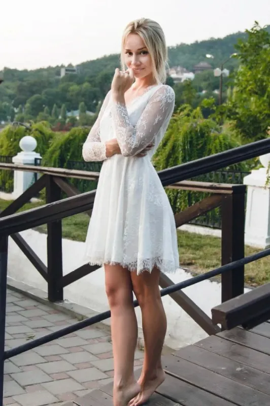 Sexy Lace Short Wedding Dress With Long Sleeve And Deep V-neck sold by KissProm