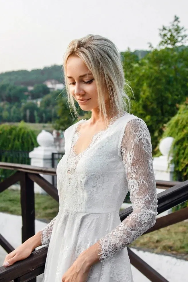 Sexy Lace Short Wedding Dress With Long Sleeve And Deep V-neck sold by KissProm product image thumbnail 3