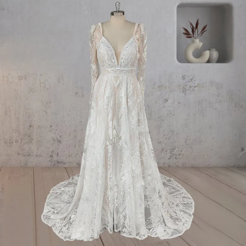 A-Line Spaghetti Straps Bohemian Wedding Dress with Detachable Long Sleeves sold by KissProm