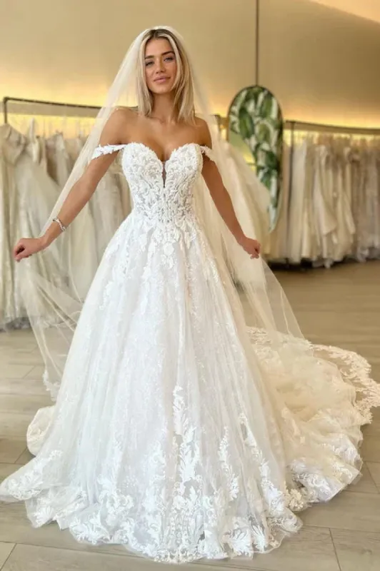 Off the Shoulder Romantic Lace Wedding Dress Bridal Gown sold by KissProm