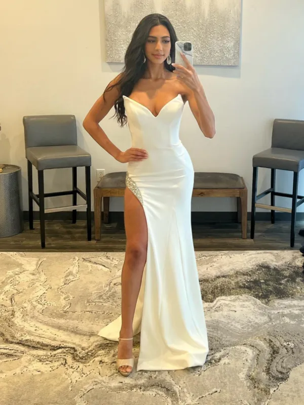White Strapless V Neck Long Prom Dress With Slit sold by KissProm