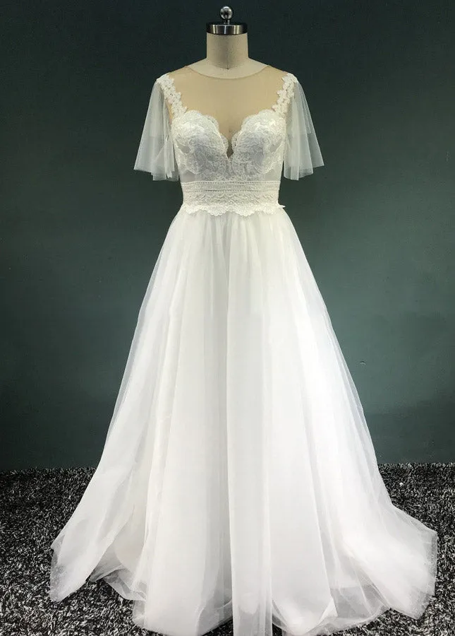 A-Line Short Sleeves Lace-Up Long Tulle Appliques Boho Wedding Bridal Gown sold by KissProm product image thumbnail 3