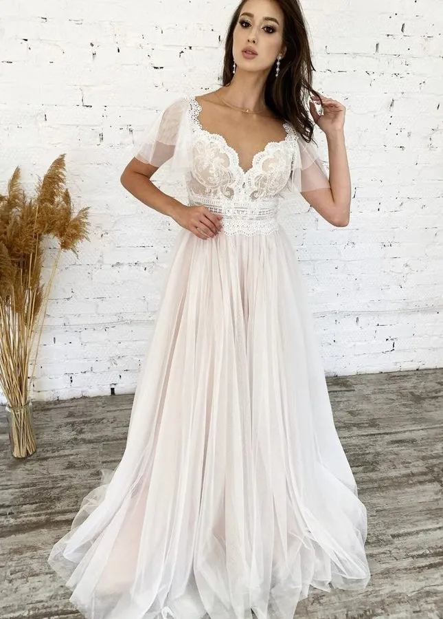 A-Line Short Sleeves Lace-Up Long Tulle Appliques Boho Wedding Bridal Gown sold by KissProm