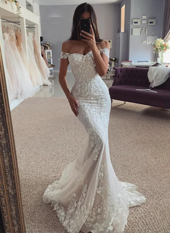 Mermaid Off-The-Shoulder Sleeveless Lace Wedding Dresses sold by KissProm