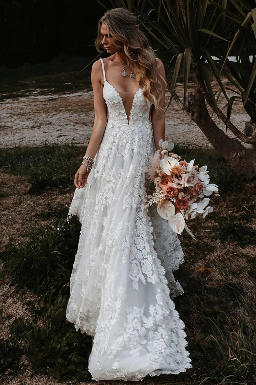 Henley | White Boho A-Line Lace Wedding Dress with Appliques sold by KissProm product image thumbnail 5