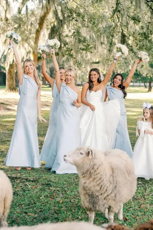 Light Blue One Shoulder Satin Sheath Long Bridesmaid Dresses sold by KissProm