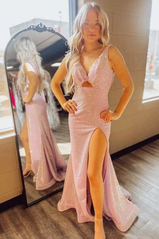 Pink Sequin Keyhole Open Back Mermaid Long Dress with Slit sold by KissProm