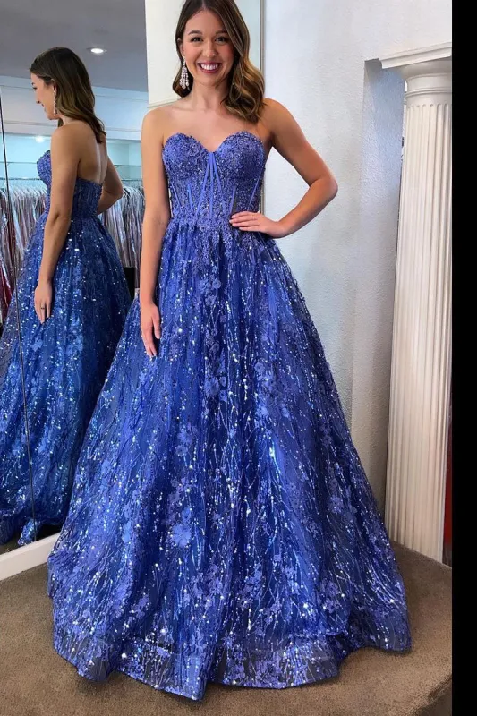Allyson | Sweetheart Blue Sequin Lace Corest Long Dresses sold by KissProm