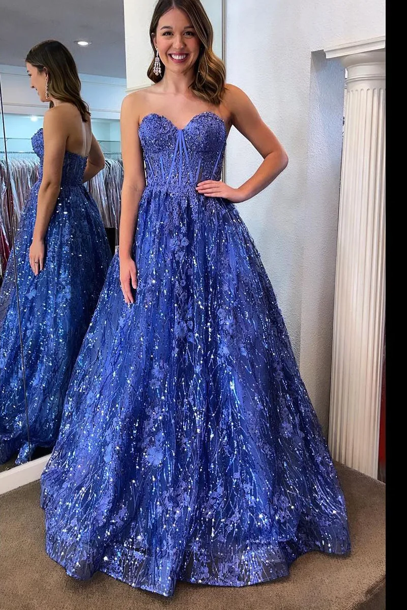 Allyson | Sweetheart Blue Sequin Lace Corest Long Dresses sold by KissProm