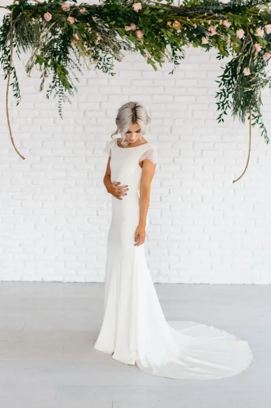 Bateau Neck Lace Cap Sleeve Sheath Satin Chiffon Dress With Cowl Back sold by KissProm