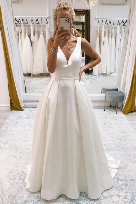 Samira | Ivory A-Line Deep V-Neck Long Wedding Dress with Bowknot sold by KissProm