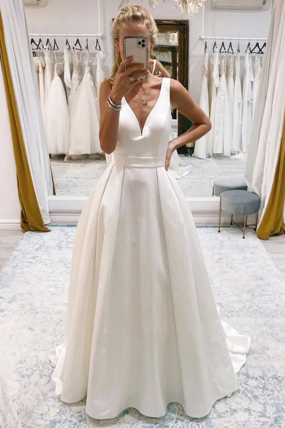 Samira | Ivory A-Line Deep V-Neck Long Wedding Dress with Bowknot sold by KissProm