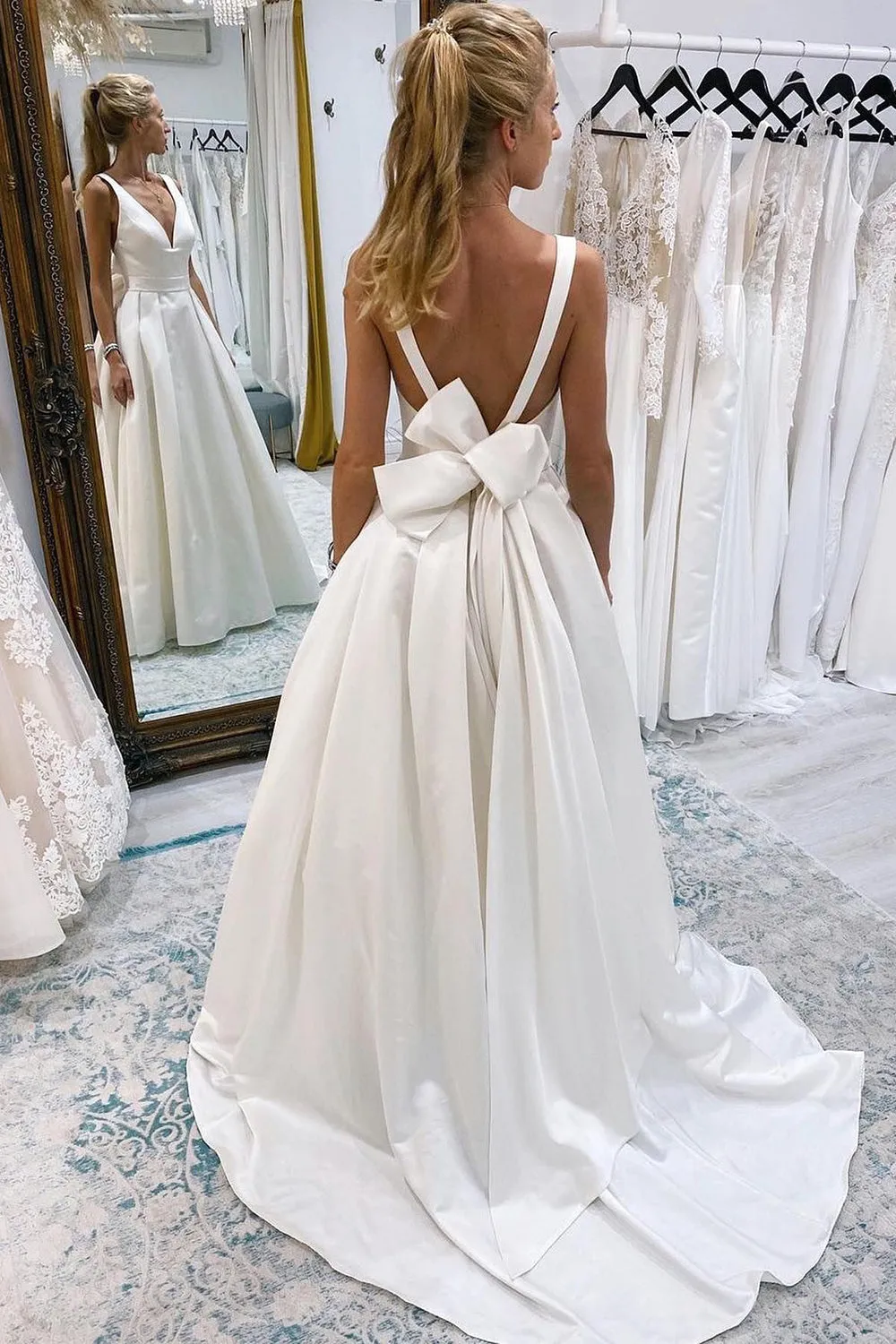 Samira | Ivory A-Line Deep V-Neck Long Wedding Dress with Bowknot sold by KissProm product image thumbnail 2