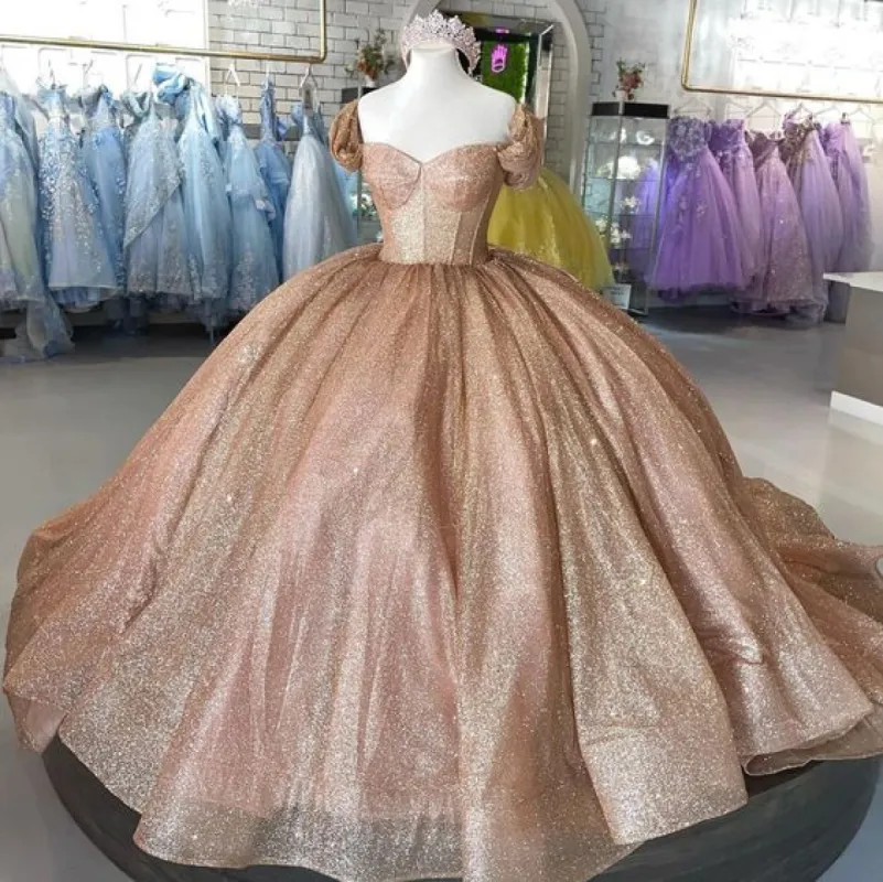 Champagne Sparkle Ball Gown Off-the-Shoulder Short Sleeves Quinceanera Dress sold by KissProm