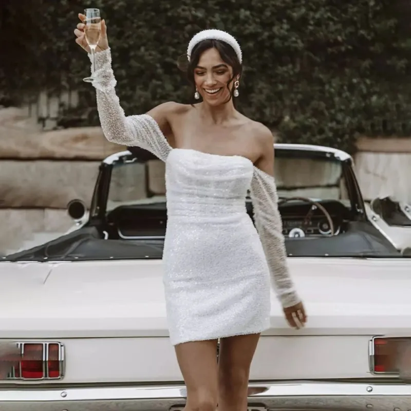 Aelia | Chic Short Sequined Backless Wedding Dress With Long Detachable Sleeves sold by KissProm