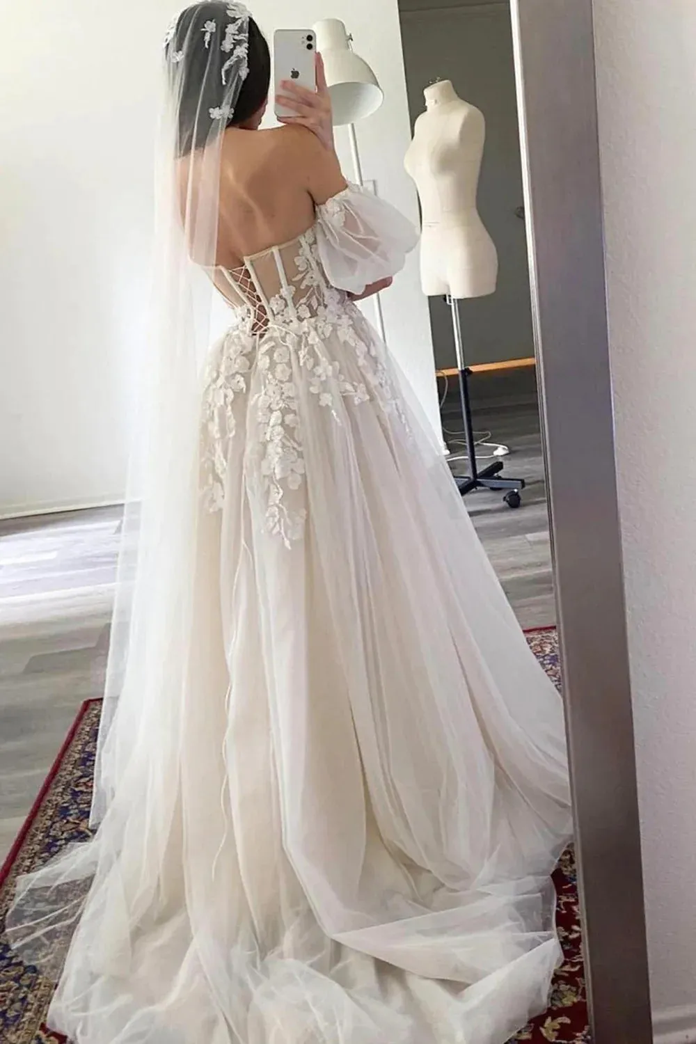 Princess A Line Off the Shoulder White Wedding Dress with Appliques sold by KissProm product image thumbnail 2