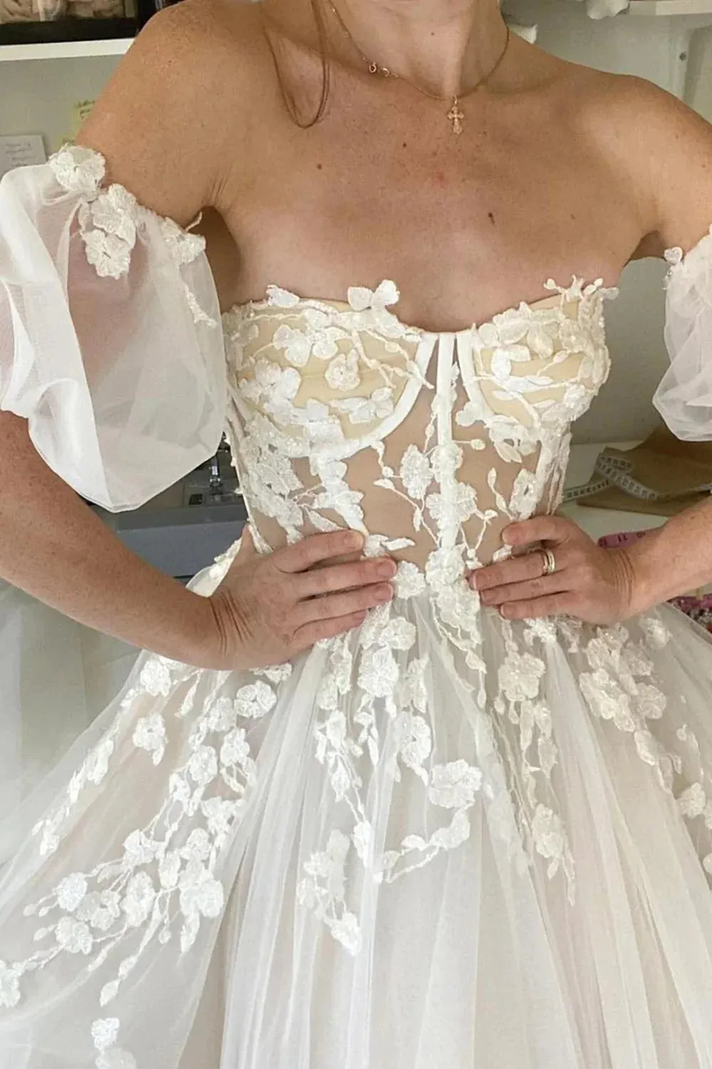 Princess A Line Off the Shoulder White Wedding Dress with Appliques sold by KissProm product image thumbnail 3