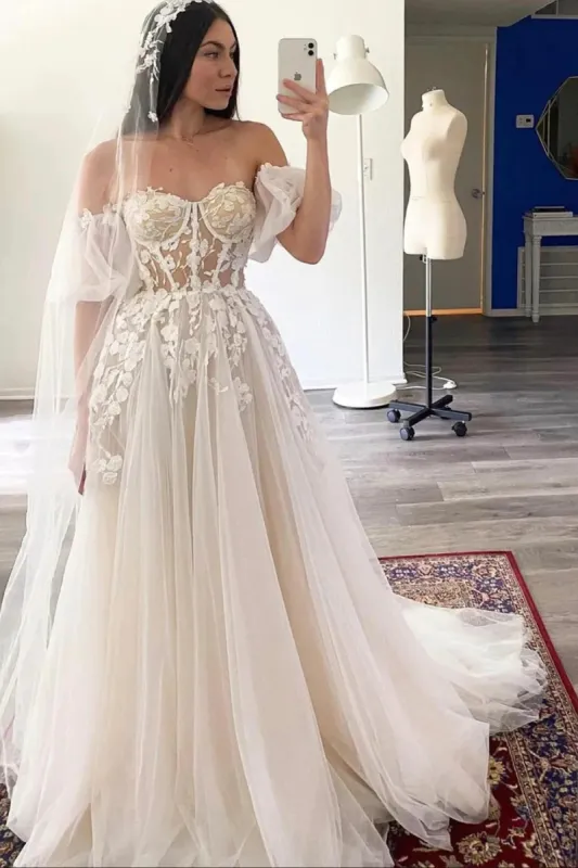 Princess A Line Off the Shoulder White Wedding Dress with Appliques sold by KissProm