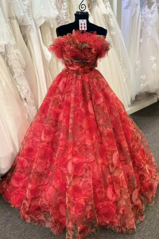 Alisha | Strapless Red Floral Print Organza A-Line Quinceanera Dress sold by KissProm