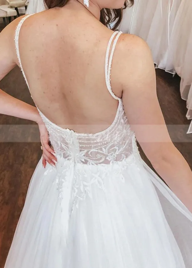 A-line Open Back Spaghetti Straps Sleeveless Lace Tulle Wedding Dress sold by KissProm product image thumbnail 2