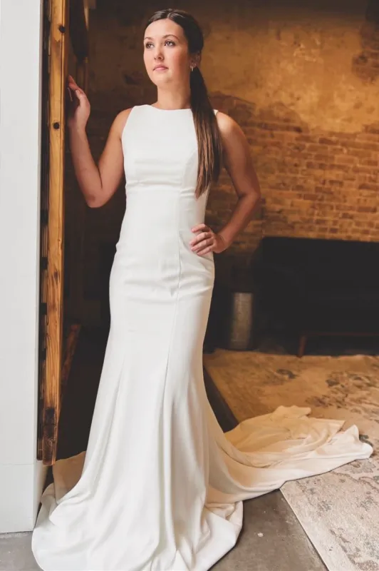 White Satin Bateau Open Back Mermaid  Long Wedding Dress sold by KissProm