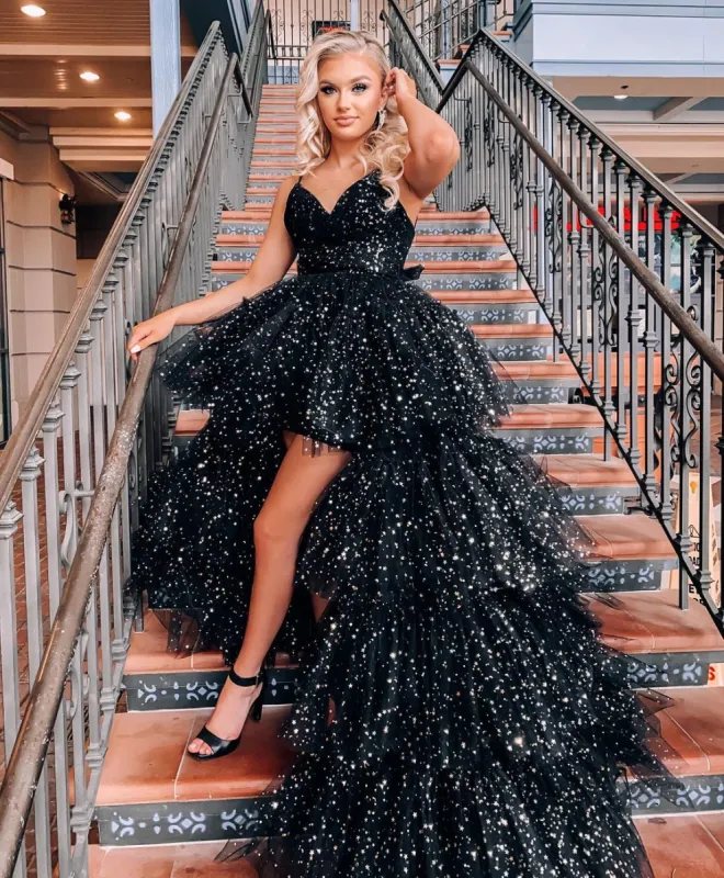 Nathalia |A Line Spaghetti Straps Tiered Tulle High Low Prom Dress sold by KissProm