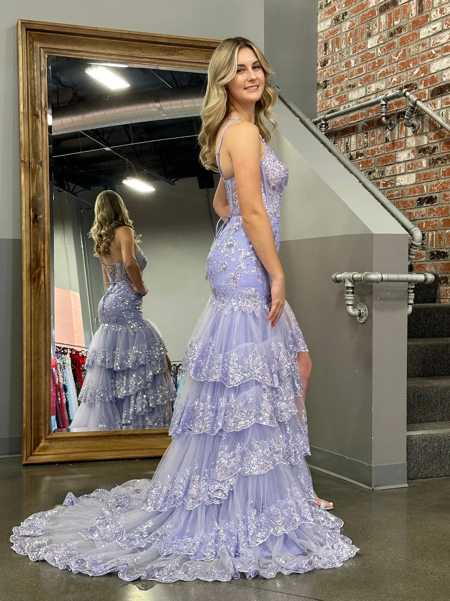 Andrea |Sheath One Shoulder Tiered Lace Long Prom Dress sold by KissProm product image thumbnail 3